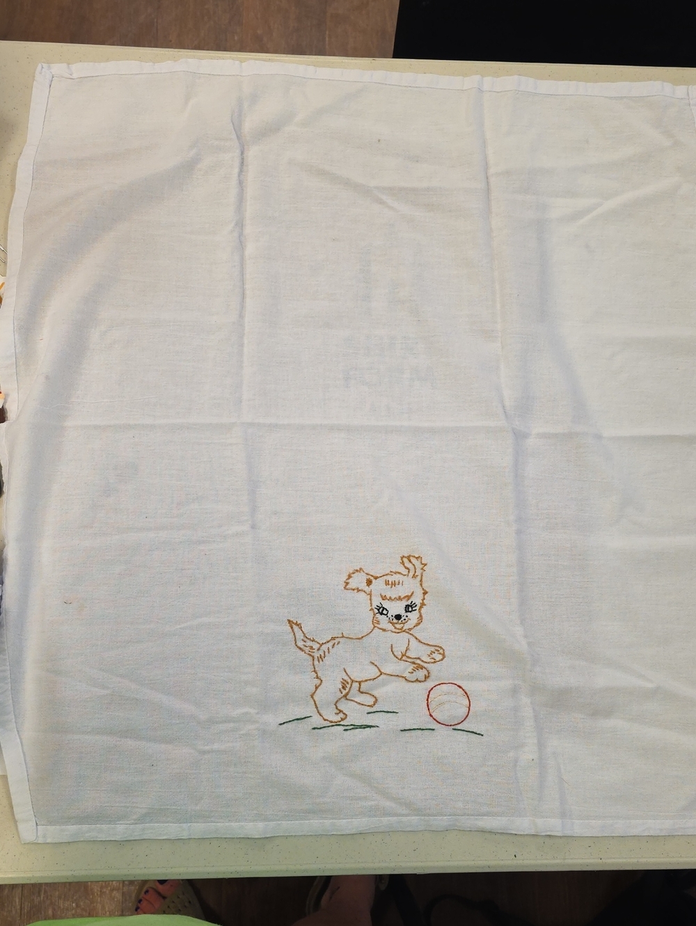 Embroidered White Puppy Kitchen Towel